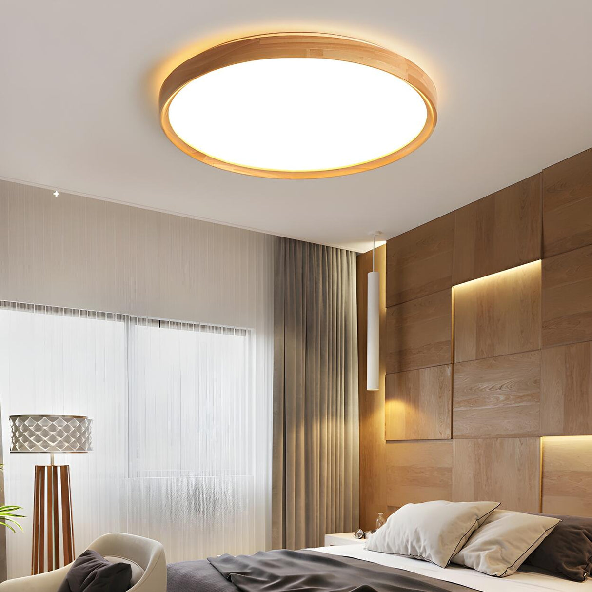 Bedroom Wood Brown Round LED Flush Mount Ceiling Light Image - 4