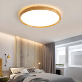 Bedroom Wood Brown Round LED Flush Mount Ceiling Light Image - 5