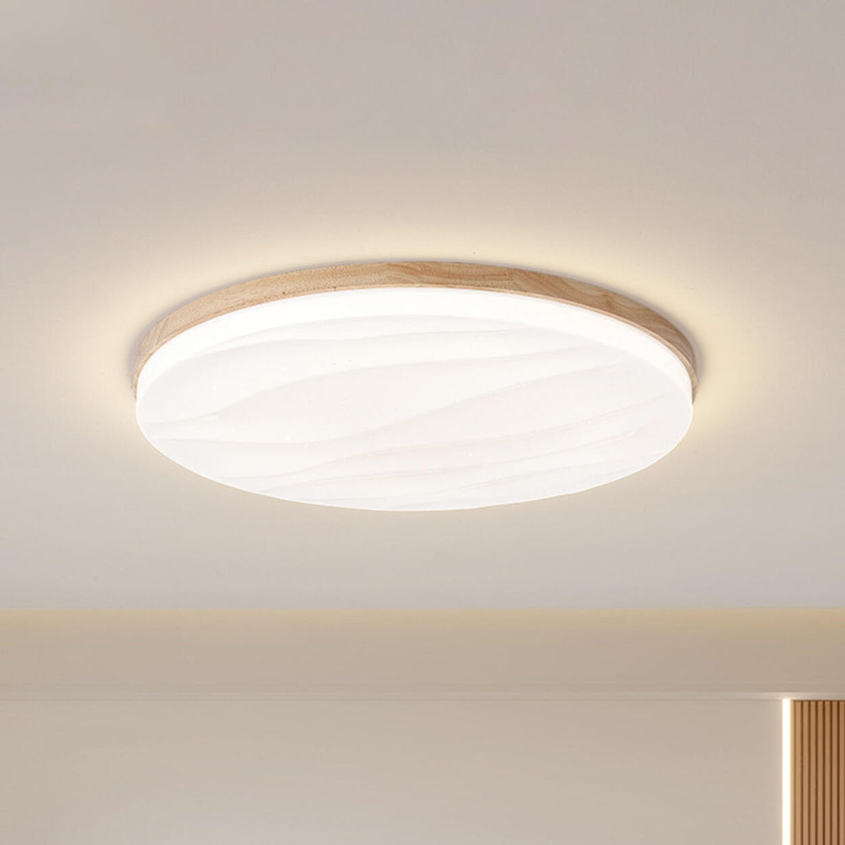 Bedroom Wood Circle White LED Flush Mount Ceiling Light Image - 16