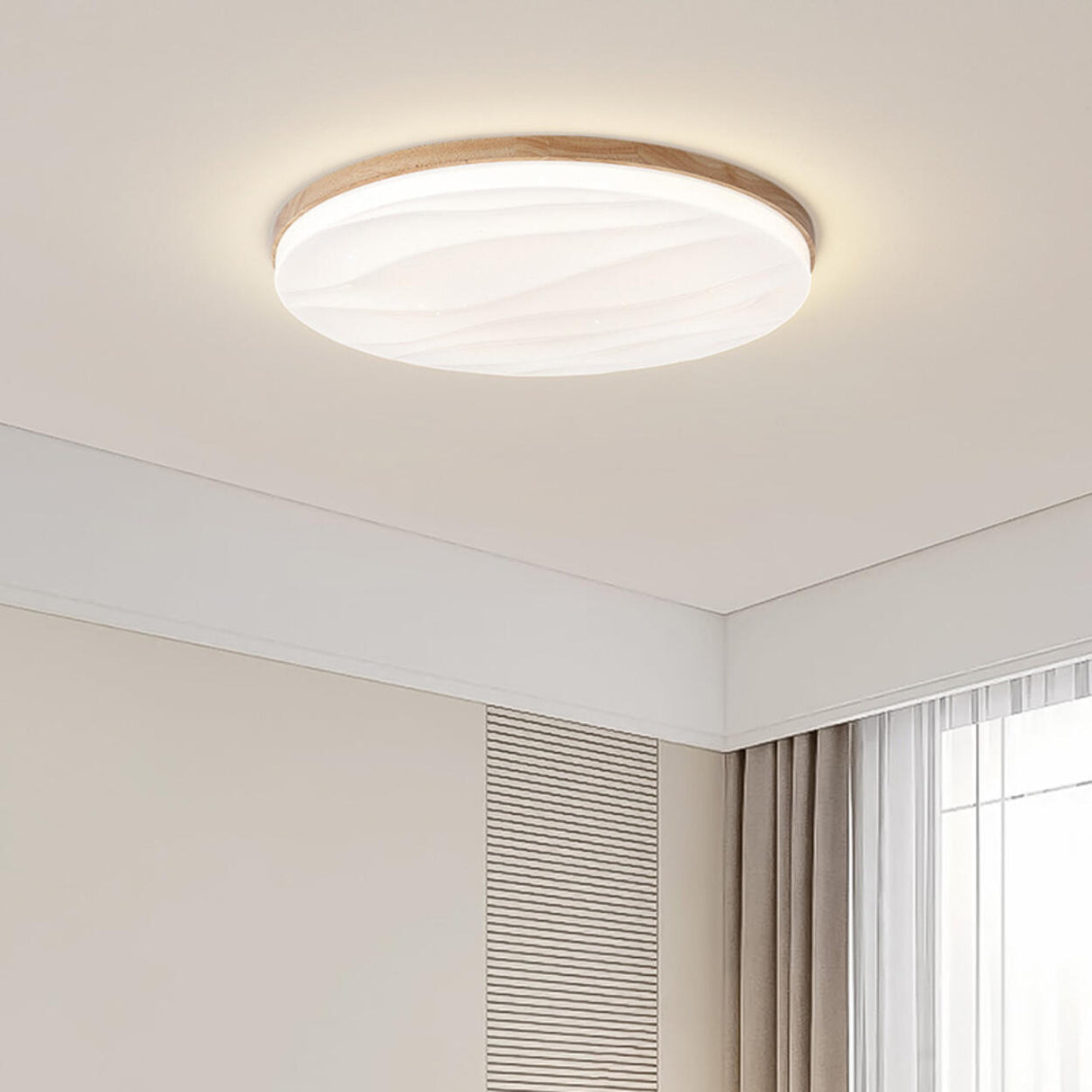 Bedroom Wood Circle White LED Flush Mount Ceiling Light Image - 6