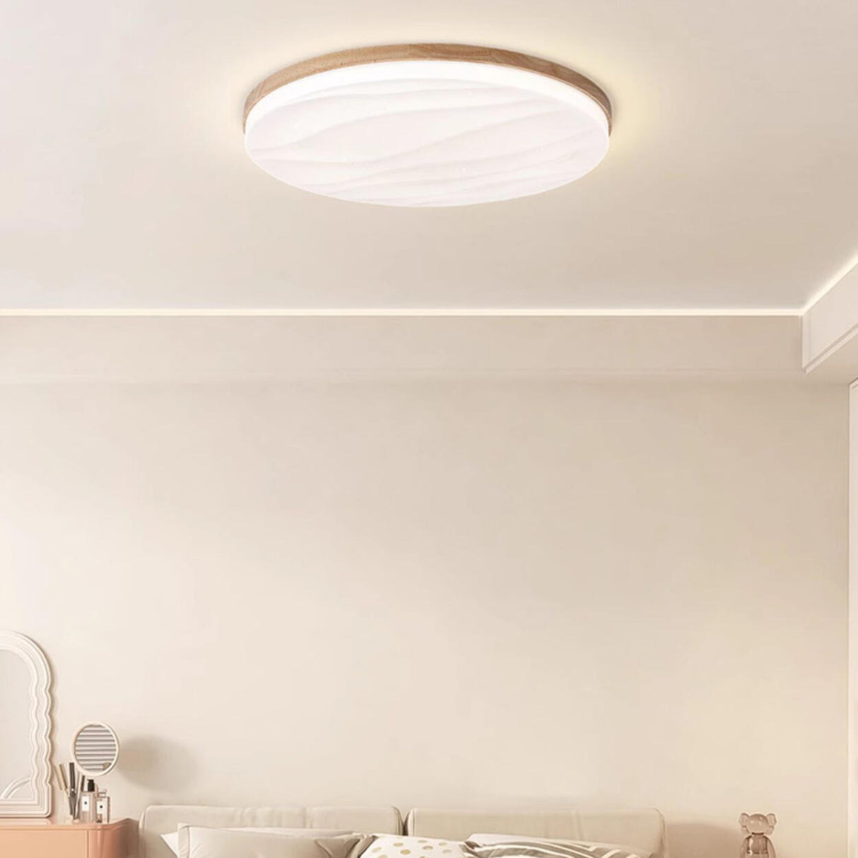 Bedroom Wood Circle White LED Flush Mount Ceiling Light Image - 8