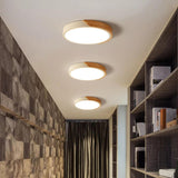 Bedroom Wood Circular White Flush Mount Ceiling Light Image - 8