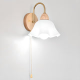 Bedroom Wood Frosted Flower Pull String Wall Sconce Image - 10