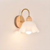 Bedroom Wood Frosted Flower Pull String Wall Sconce Image - 11