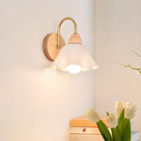 Bedroom Wood Frosted Flower Pull String Wall Sconce Image - 4