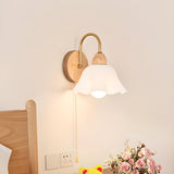 Bedroom Wood Frosted Flower Pull String Wall Sconce Image - 5