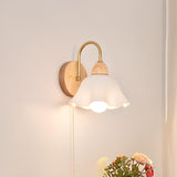 Bedroom Wood Frosted Flower Pull String Wall Sconce Image - 6