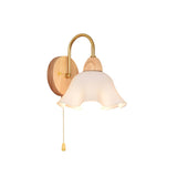 Bedroom Wood Frosted Flower Pull String Wall Sconce Image - 7