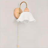 Bedroom Wood Frosted Flower Pull String Wall Sconce Image - 8