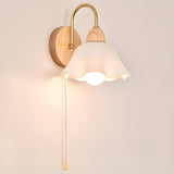 Bedroom Wood Frosted Flower Pull String Wall Sconce Image - 9