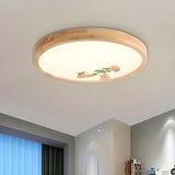 Bedroom Wood Ginkgo Leaf Round LED Flush Mount Light Image - 2