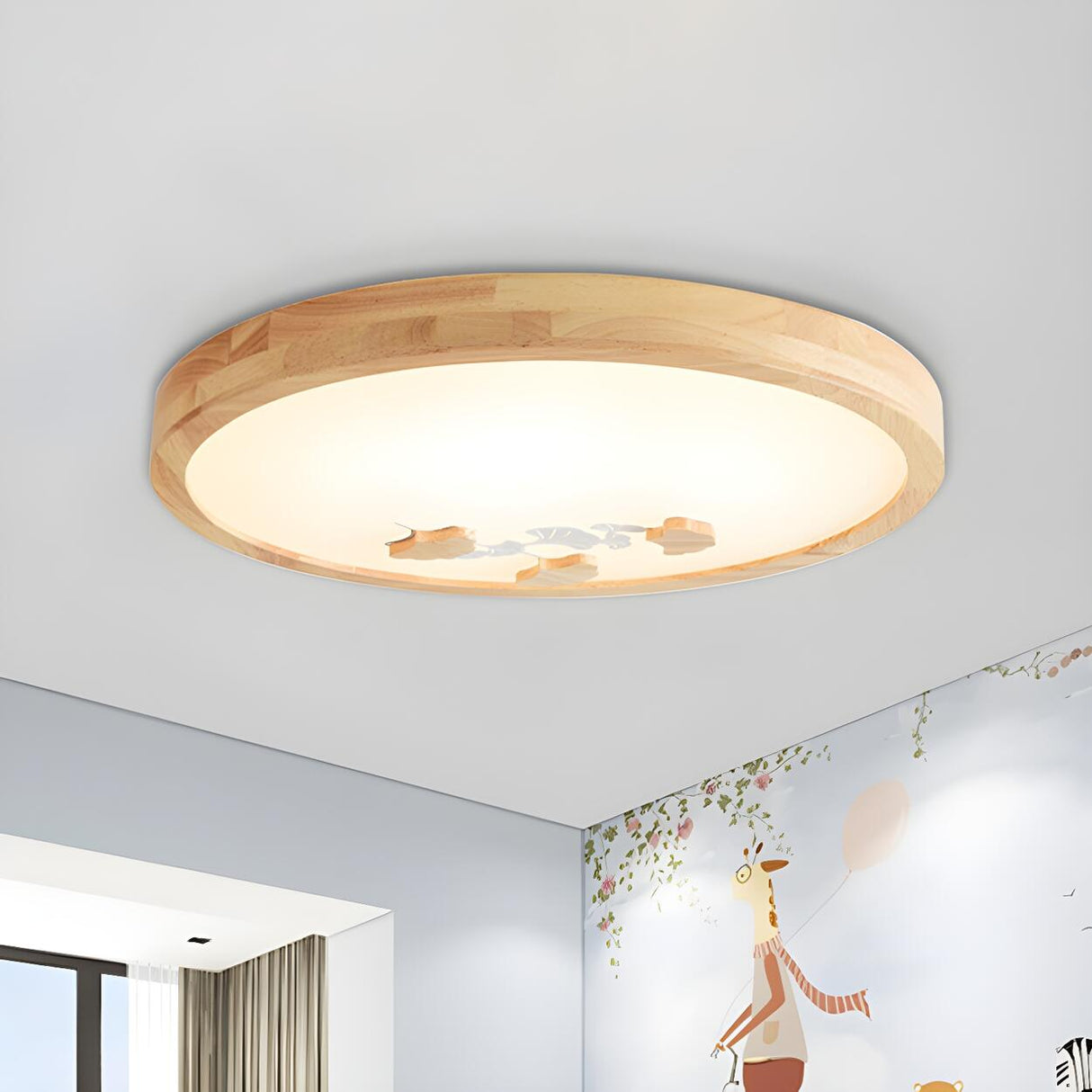 Bedroom Wood Ginkgo Leaf Round LED Flush Mount Light Image - 5