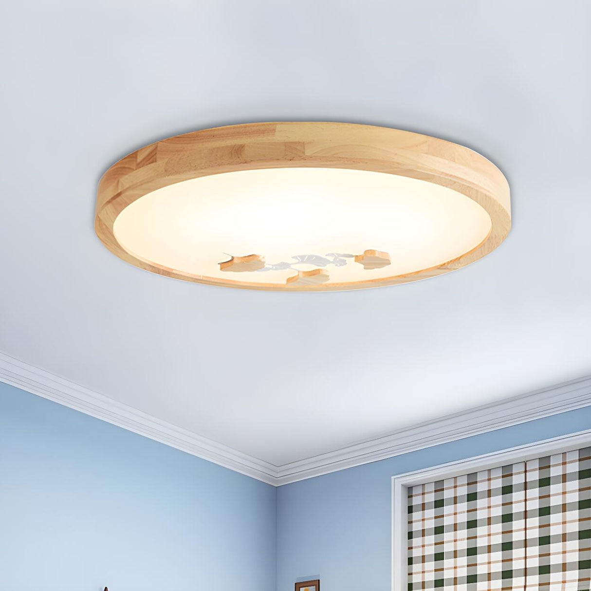 Bedroom Wood Ginkgo Leaf Round LED Flush Mount Light Image - 6