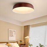 Bedroom Wood Grain Walnut Drum Flush Mount Light Image - 1