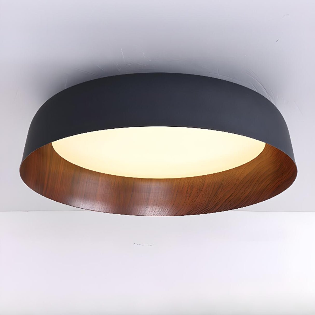 Bedroom Wood Grain Walnut Drum Flush Mount Light Image - 8