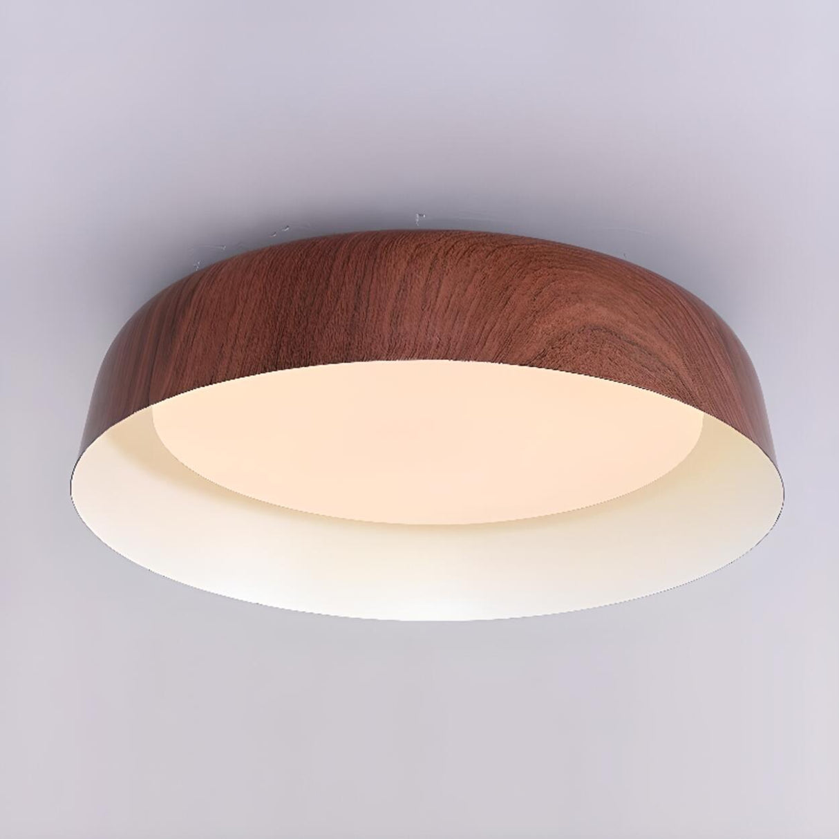 Bedroom Wood Grain Walnut Drum Flush Mount Light Image - 9