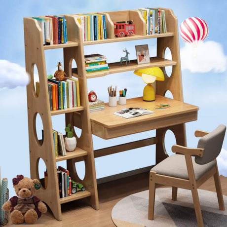 Bedroom Wood Natural Compact Shelving Unit Writing Desk Set Image - 1