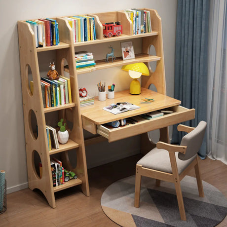 Bedroom Wood Natural Compact Shelving Unit Writing Desk Set Image - 2