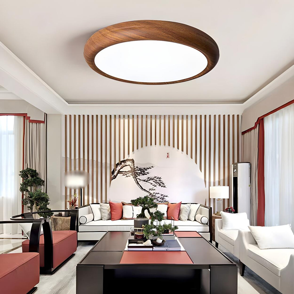 Bedroom Wooden Circular LED Flush Mount Ceiling Light Image - 2