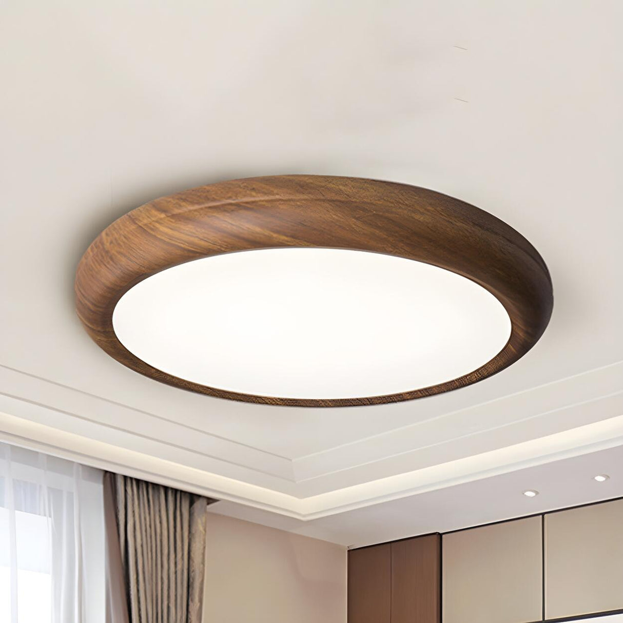 Bedroom Wooden Circular LED Flush Mount Ceiling Light Image - 5