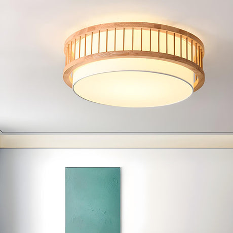 Bedroom Wooden Cylindrical Flush Mount Ceiling Light Image - 1