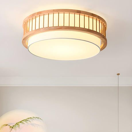 Bedroom Wooden Cylindrical Flush Mount Ceiling Light Image - 2