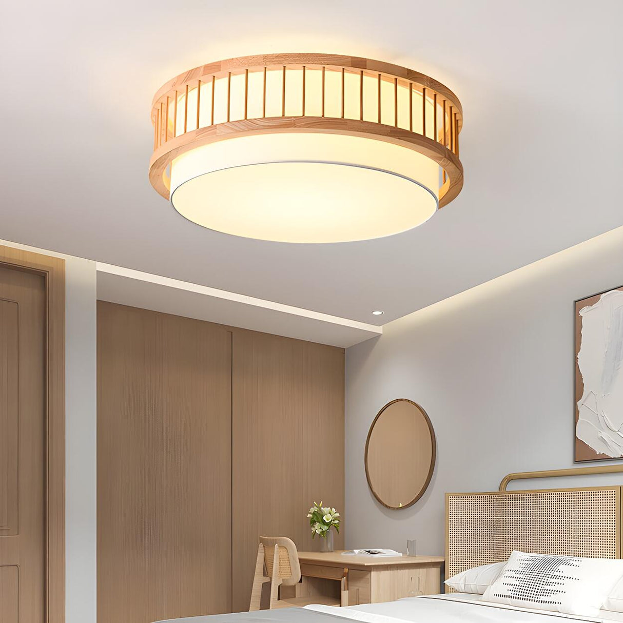 Bedroom Wooden Cylindrical Flush Mount Ceiling Light Image - 3