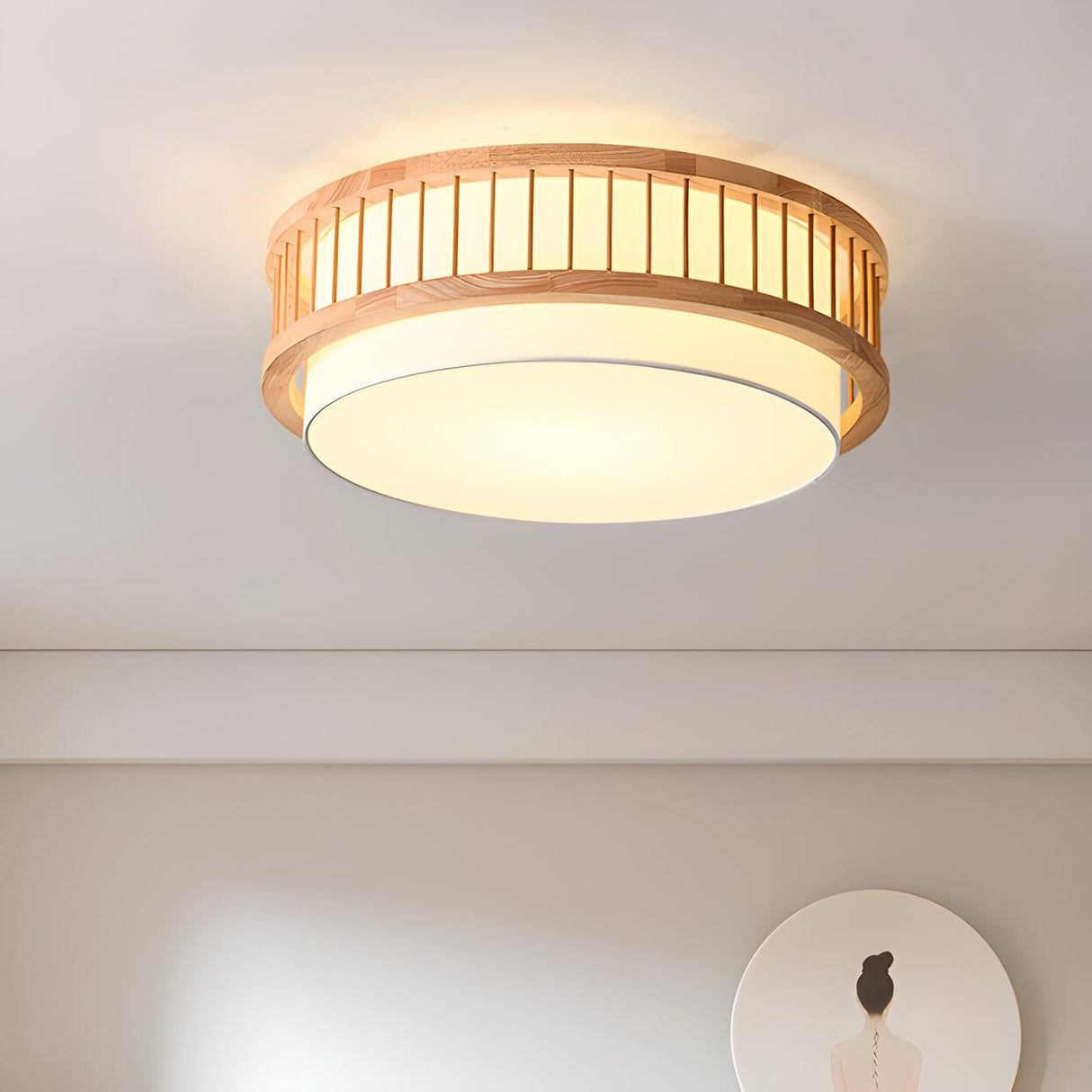 Bedroom Wooden Cylindrical Flush Mount Ceiling Light Image - 4