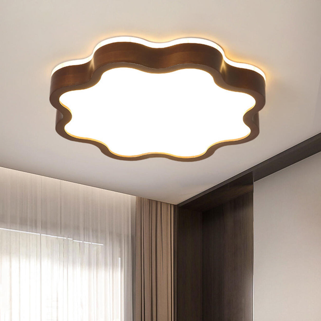 Bedroom Wooden Flower Flush Mount Ceiling Light Image - 3