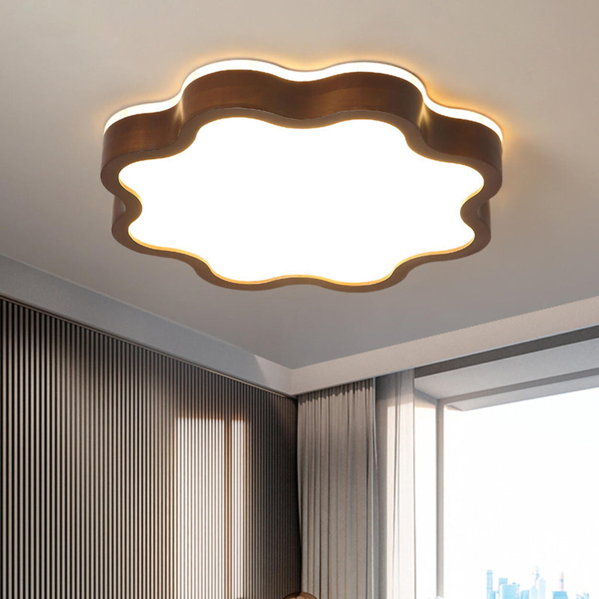 Bedroom Wooden Flower Flush Mount Ceiling Light Image - 4