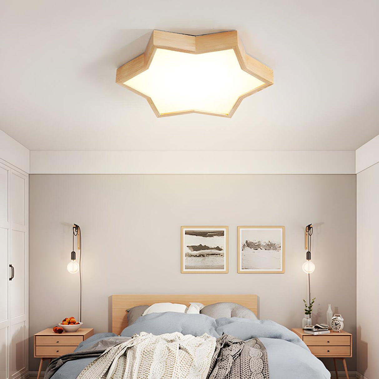 Bedroom Wooden Six-Pointed Star LED Flush Mount Light Image - 3