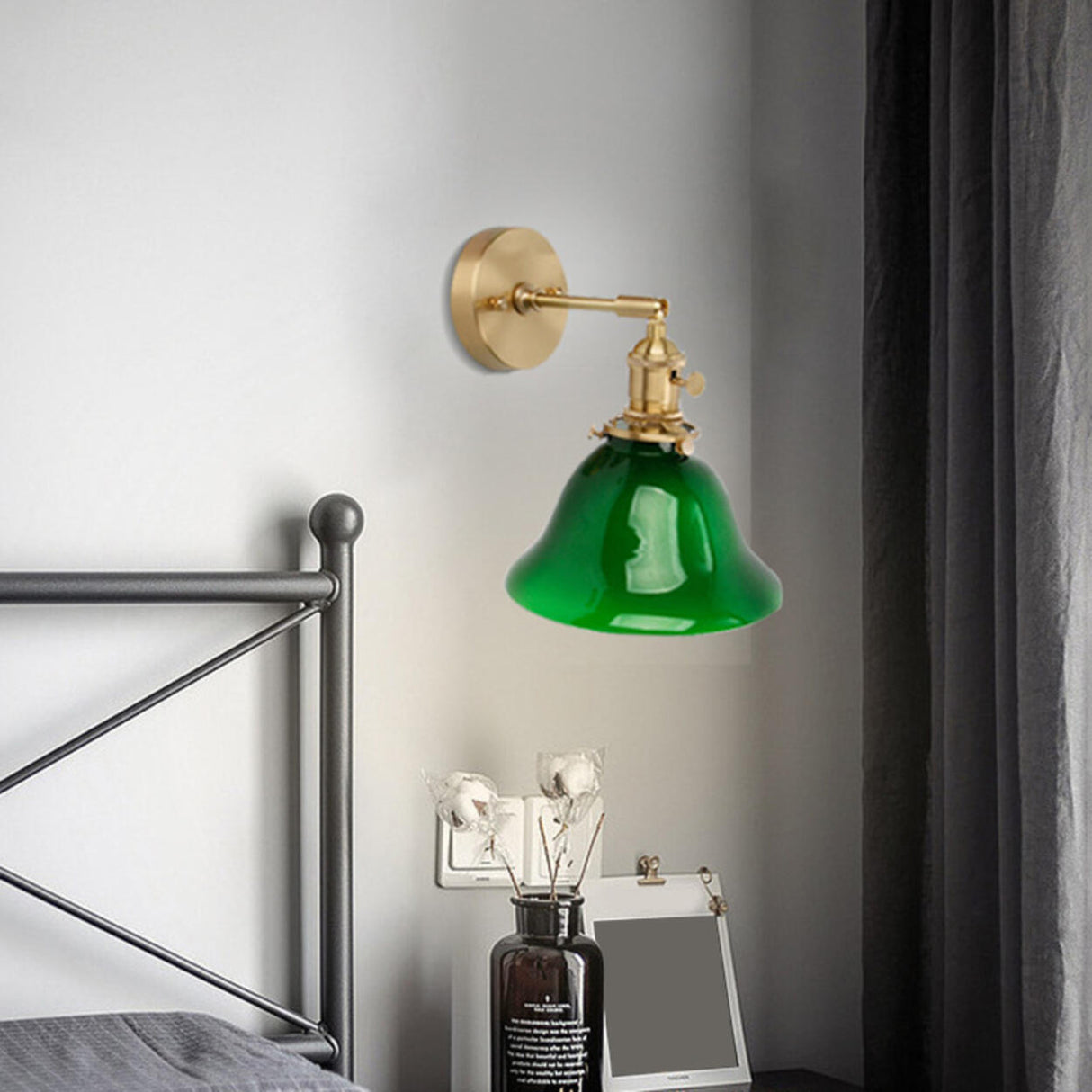 Bedside Adjustable Arm Green Bell Metal Wall Sconce Image - 2