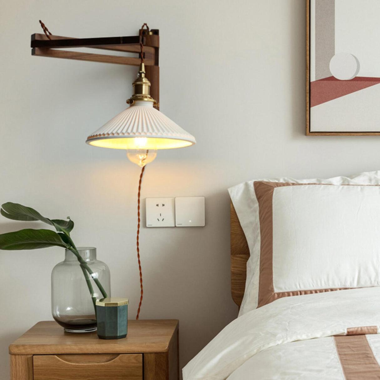 Bedside Ceramic Cone Wood Swing Arm Wall Sconce Image - 1