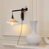 Bedside Ceramic Cone Wood Swing Arm Wall Sconce Image - 6