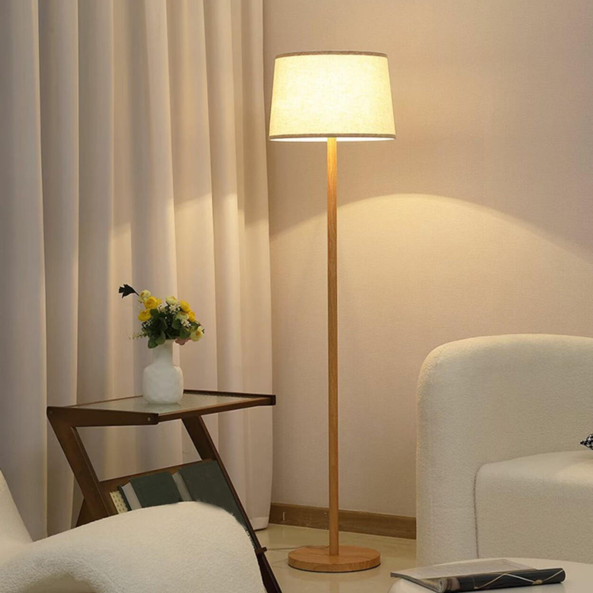 Bedside Classic Beige Drum Metal Modern Floor Lamp Image - 2