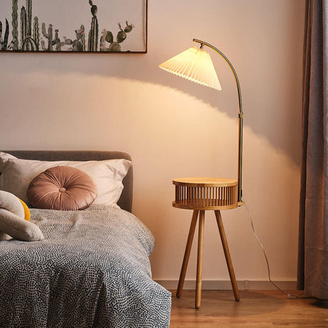 Bedside Cone Wooden Tripod Floor Lamp with Storage Image - 1