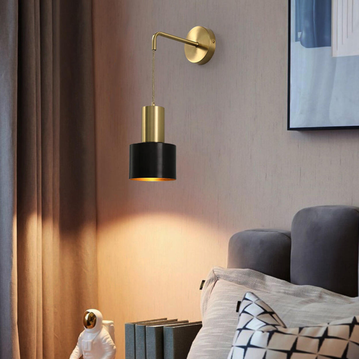 Bedside Cylinder Black and Gold Metal Wall Sconce Image - 19