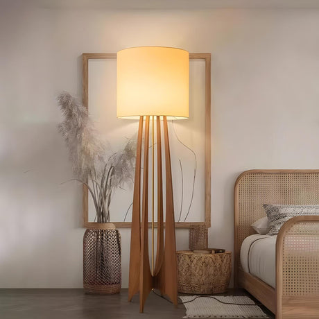 Bedside Cylindrical Fabric Shade Wooden Floor Lamp Image - 1