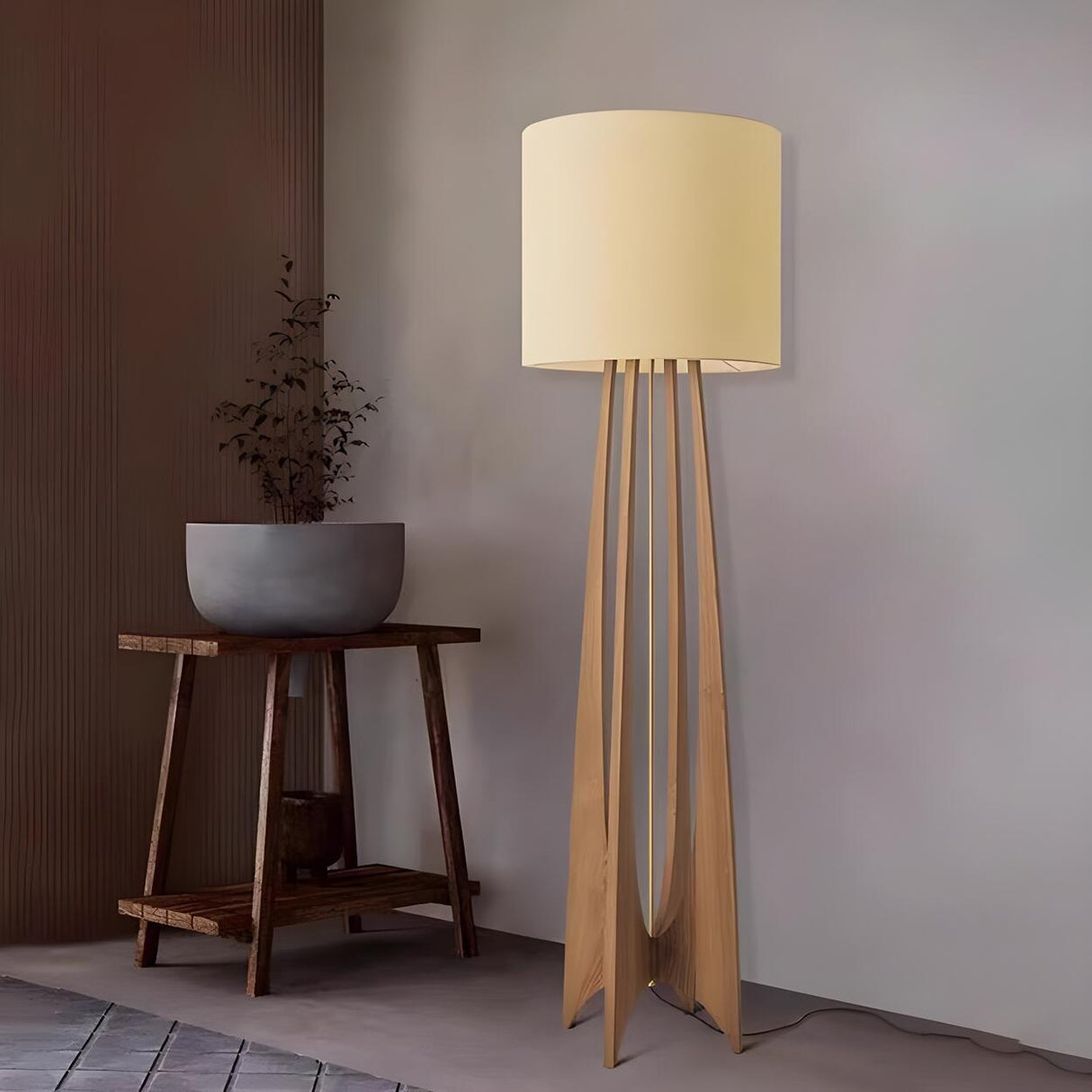 Bedside Cylindrical Fabric Shade Wooden Floor Lamp Image - 2