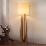 Bedside Cylindrical Fabric Shade Wooden Floor Lamp Image - 3