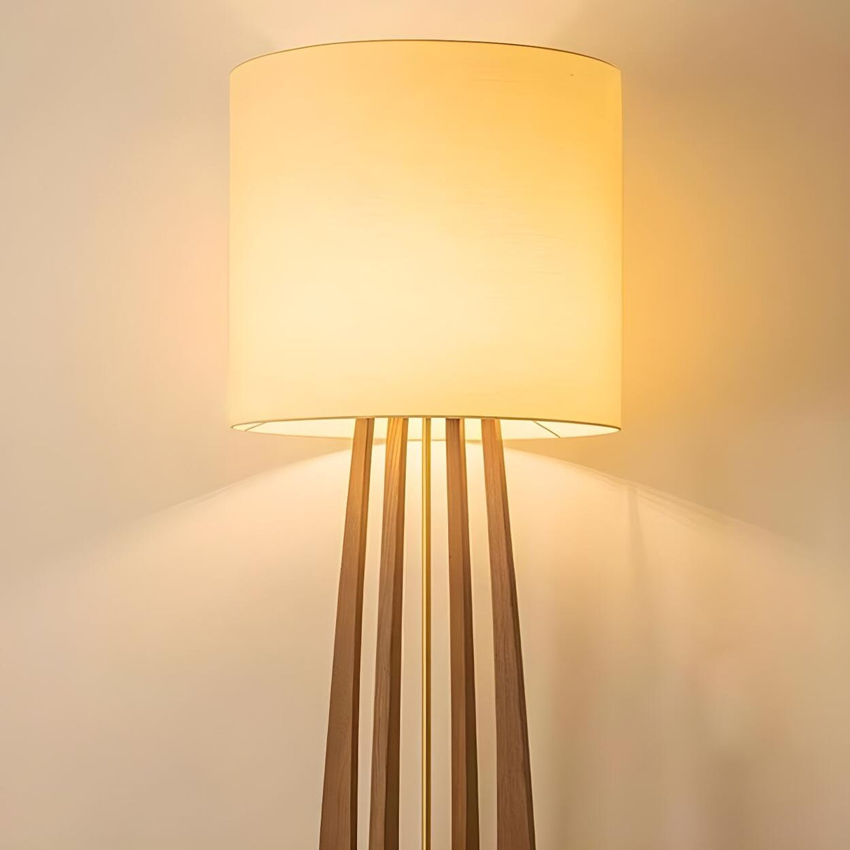 Bedside Cylindrical Fabric Shade Wooden Floor Lamp Image - 4