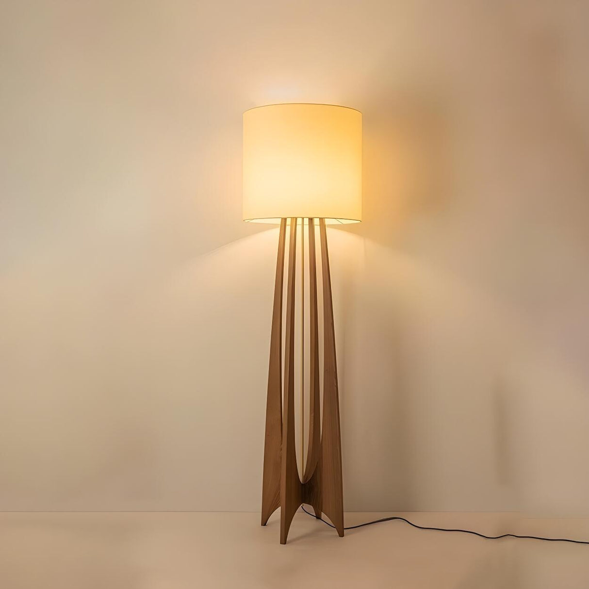 Bedside Cylindrical Fabric Shade Wooden Floor Lamp Image - 8