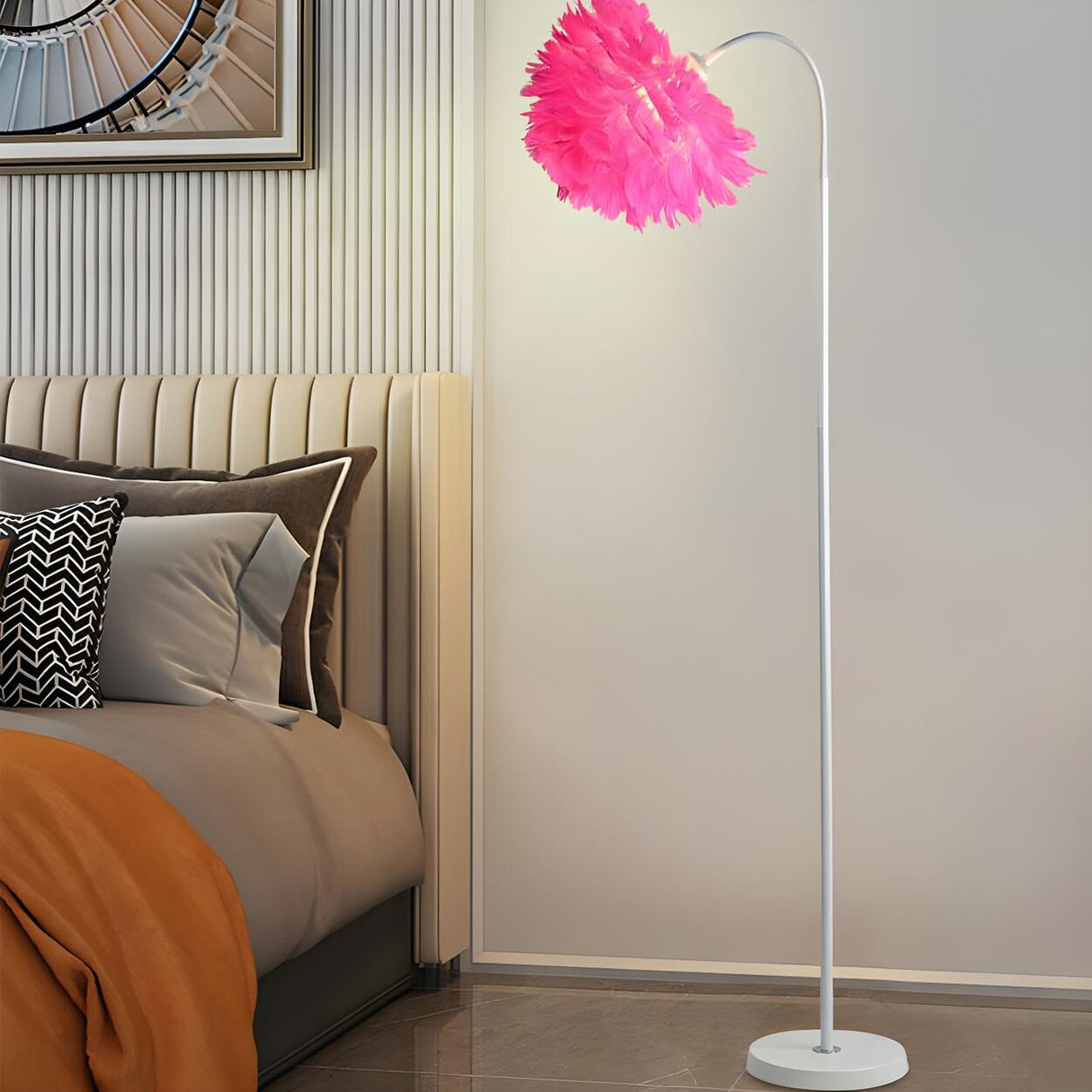 Bedside Elegant Pink Feather Shade Arc Floor Lamp Image - 1