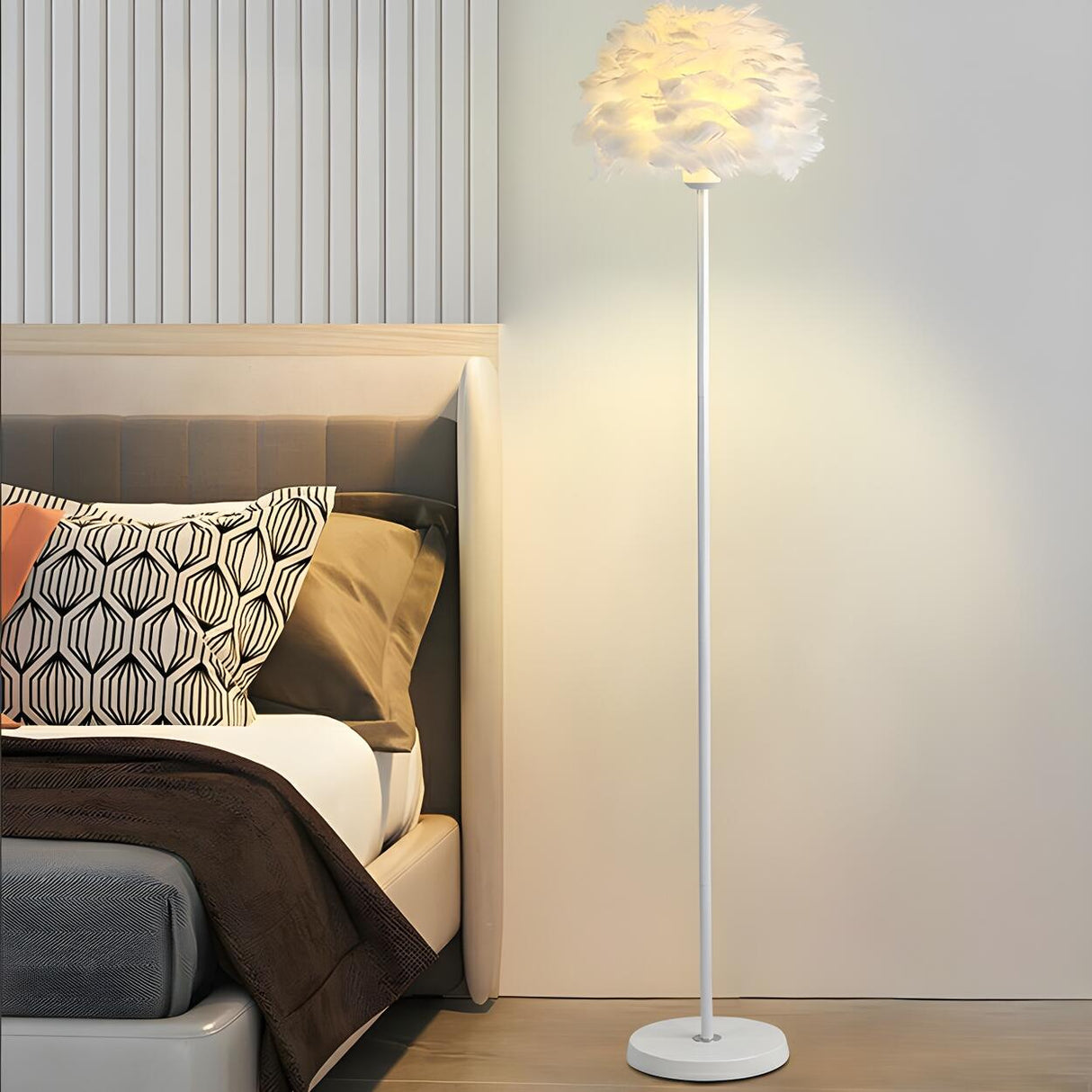 Bedside Elegant Pink Feather Shade Arc Floor Lamp Image - 4