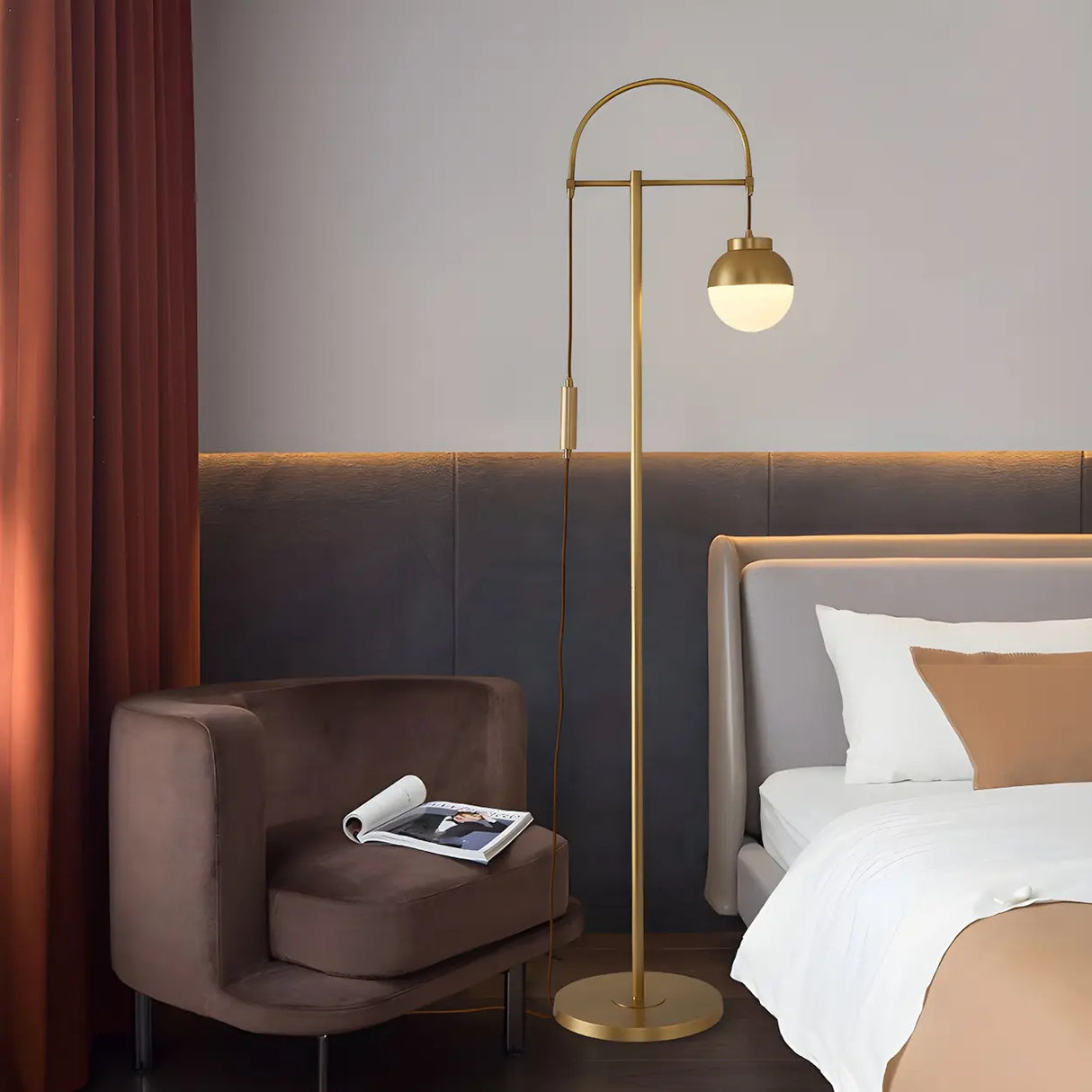 Bedside Modern Brass Finish Gold and Arc Floor Lamp Image - 1