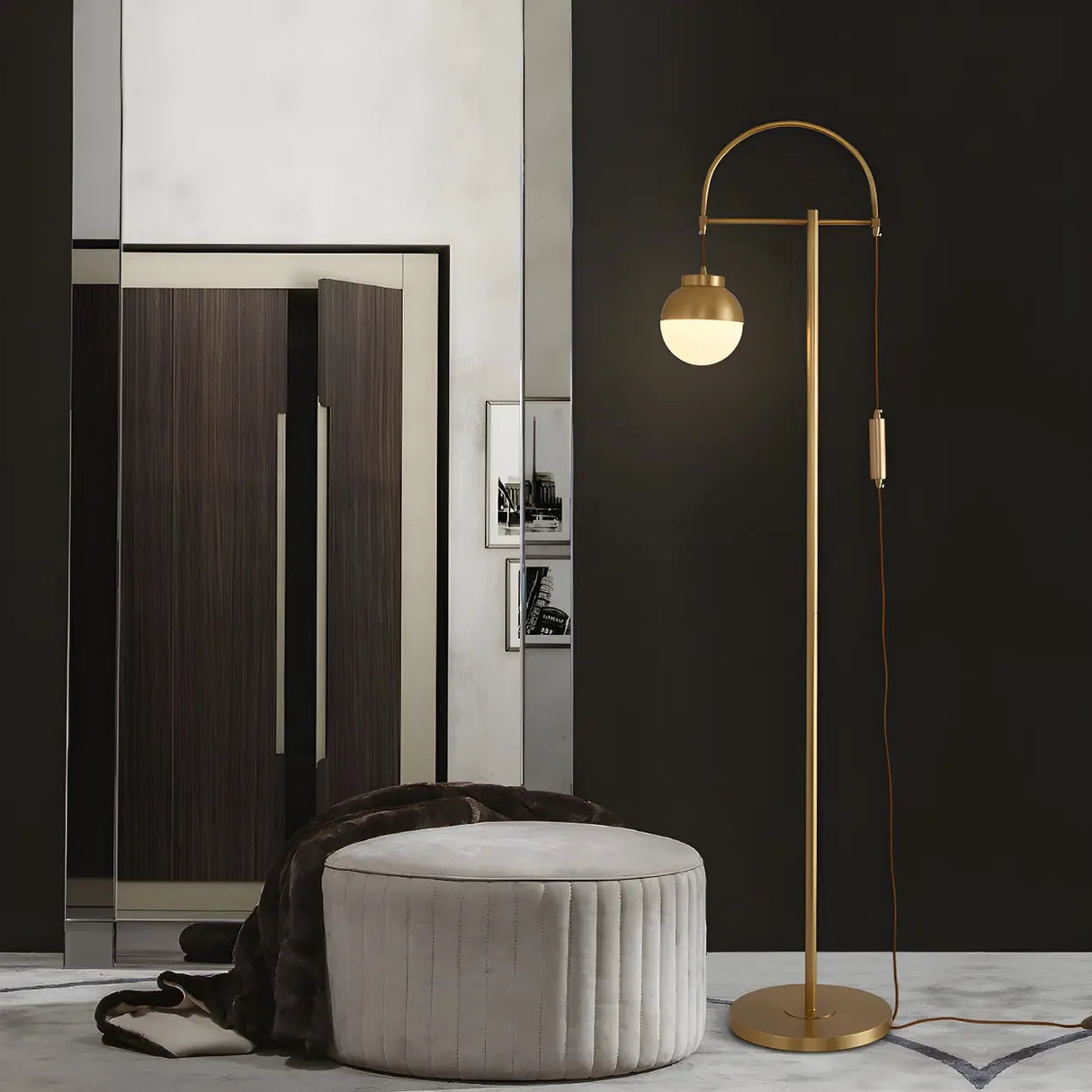 Bedside Modern Brass Finish Gold and Arc Floor Lamp Image - 2