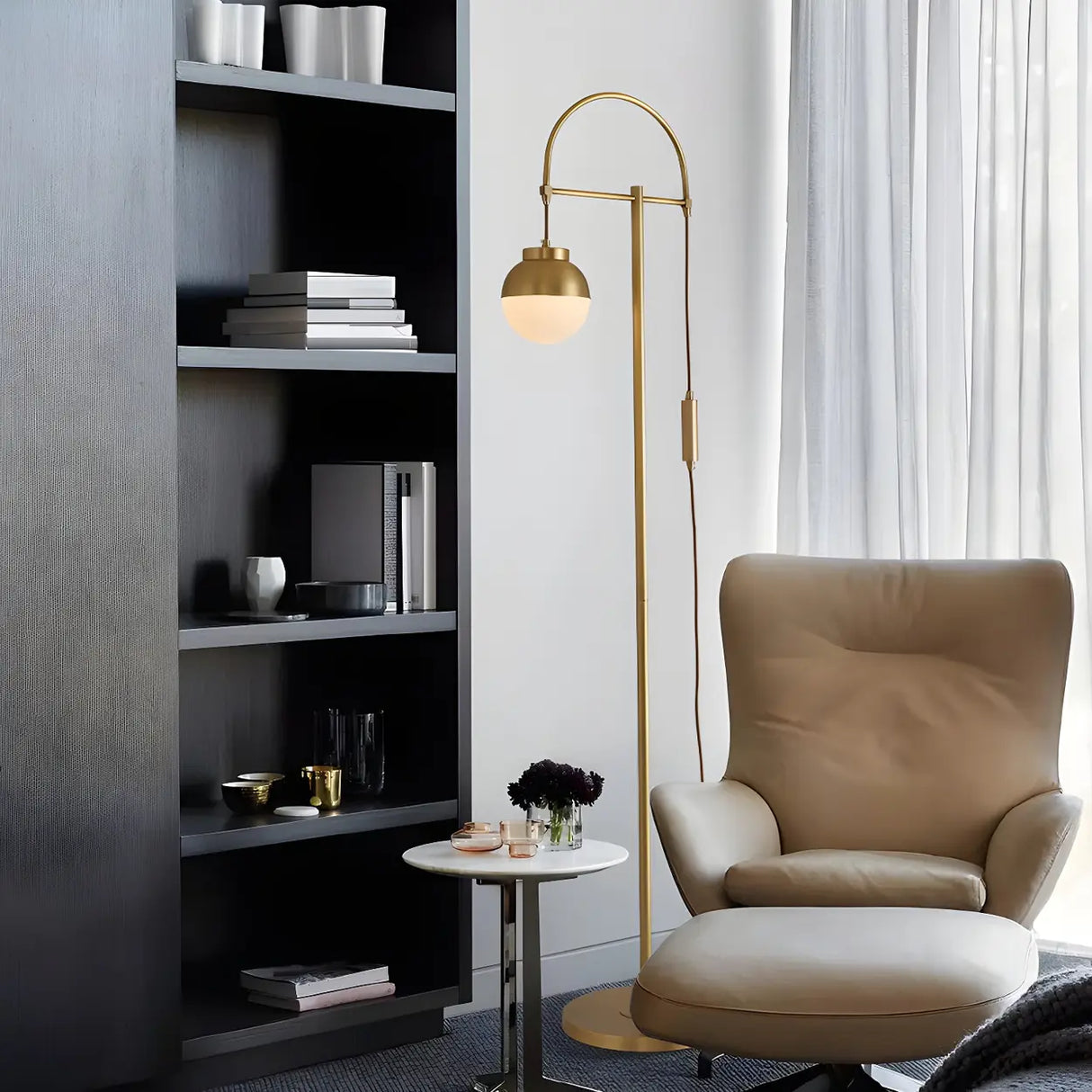 Bedside Modern Brass Finish Gold and Arc Floor Lamp Image - 4