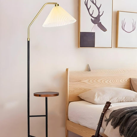 Bedside Pleated Gold Floor Lamp with Storage Shelf Image - 1