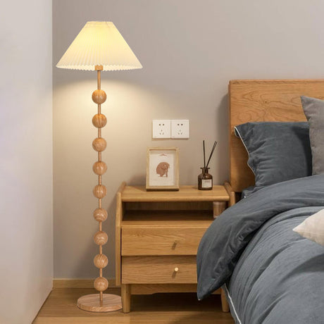 Bedside Wooden Beaded Pleated Cone LED Floor Lamp Image - 1