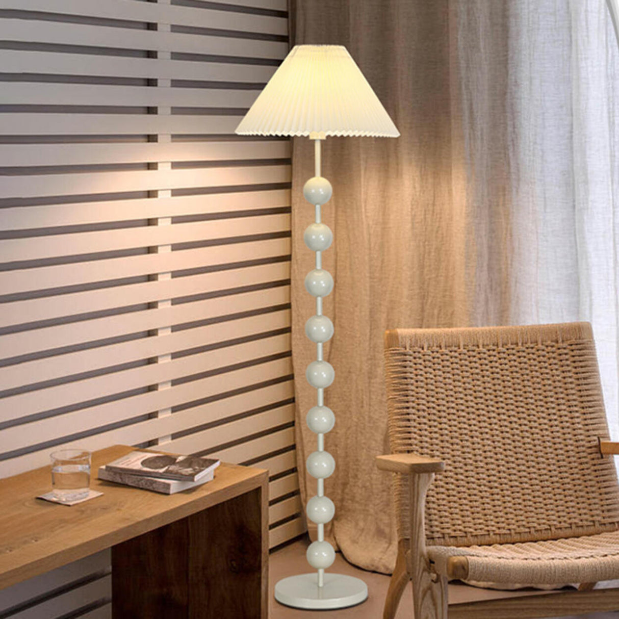 Bedside Wooden Beaded Pleated Cone LED Floor Lamp Image - 7